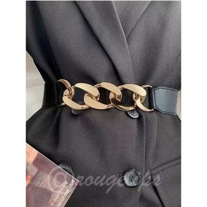 Chain Detail Elastic Black Belt Gold Tone Faux Leather